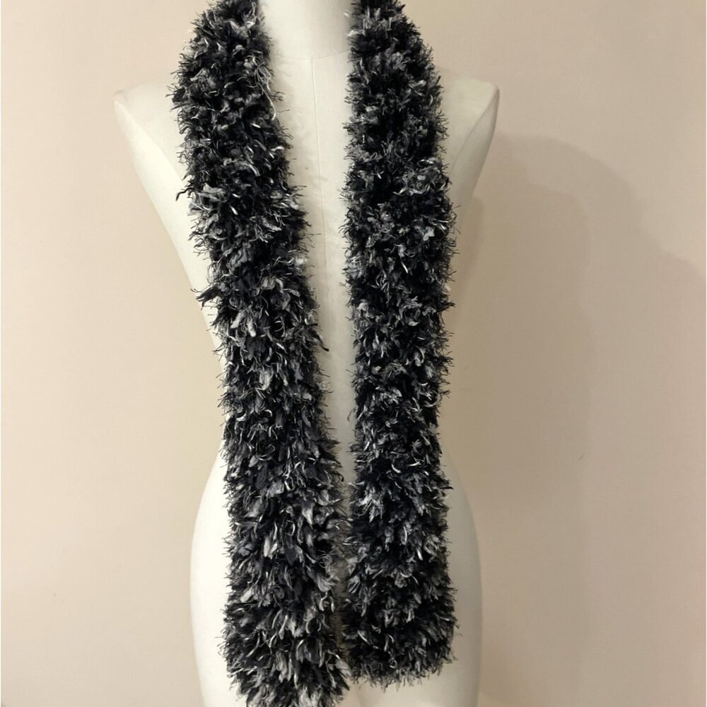 VTG Y2K 90s Skinny Scarf Black Fuzzy Eyelash Art Whimsigoth Boho Dark Fairy 3X58